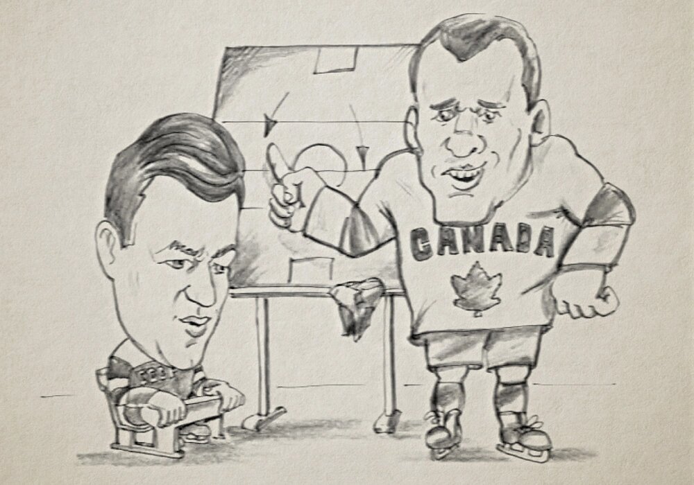  Карикатура в стокгольмской газете утром 7 марта. Канадский хоккеист преподает урок хоккея нашему игроку сидящему за партой, в котором легко угадывается Всеволод Бобров