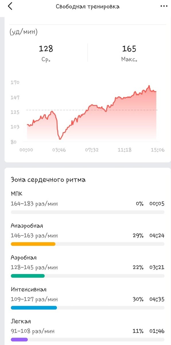 Скриншот приложения с данными тренировки