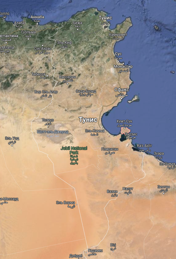 Карта Туниса, о. Джерба выделен красным пунктиром.