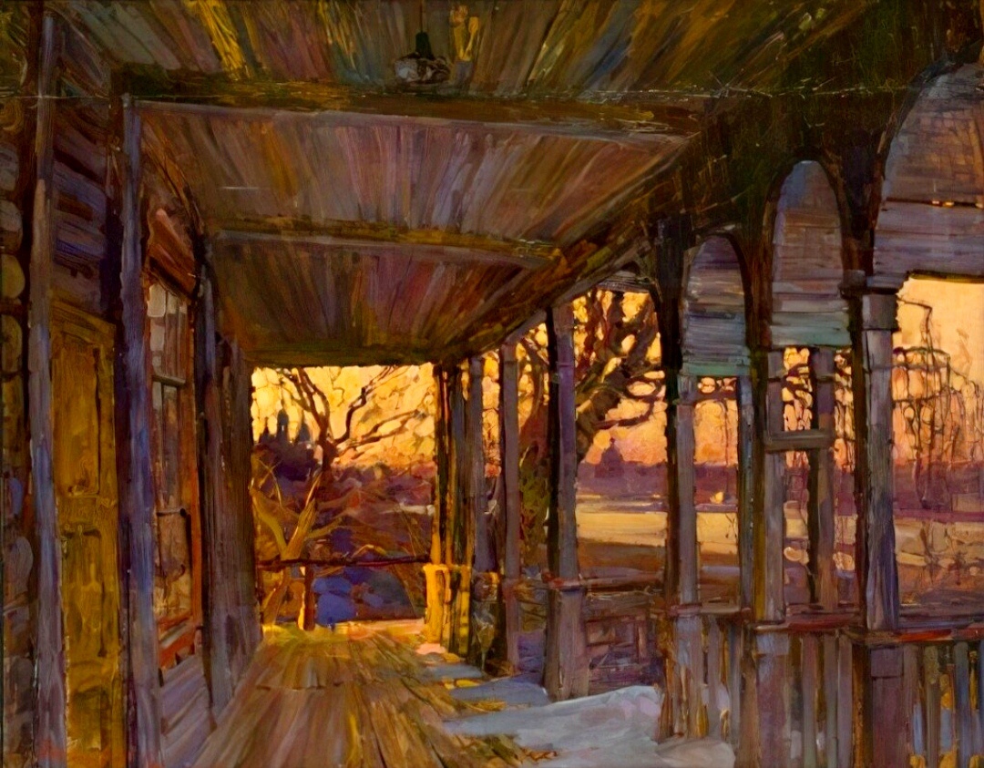 "Старая терраса", 1988 год. Оргалит, масло. Вятский художественный музей имени В.М. и А.М. Васнецовых. Художник Михаил Георгиевич Абакумов