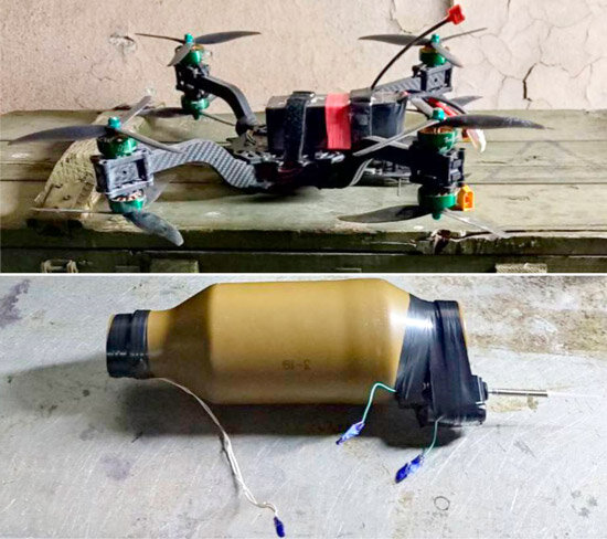 Усиленный FPV-дрон с двойными винтами, несущий боеприпас, сделанный на основе термобара, «поросёнка» от РПГ-7 (фото из открытых источников)