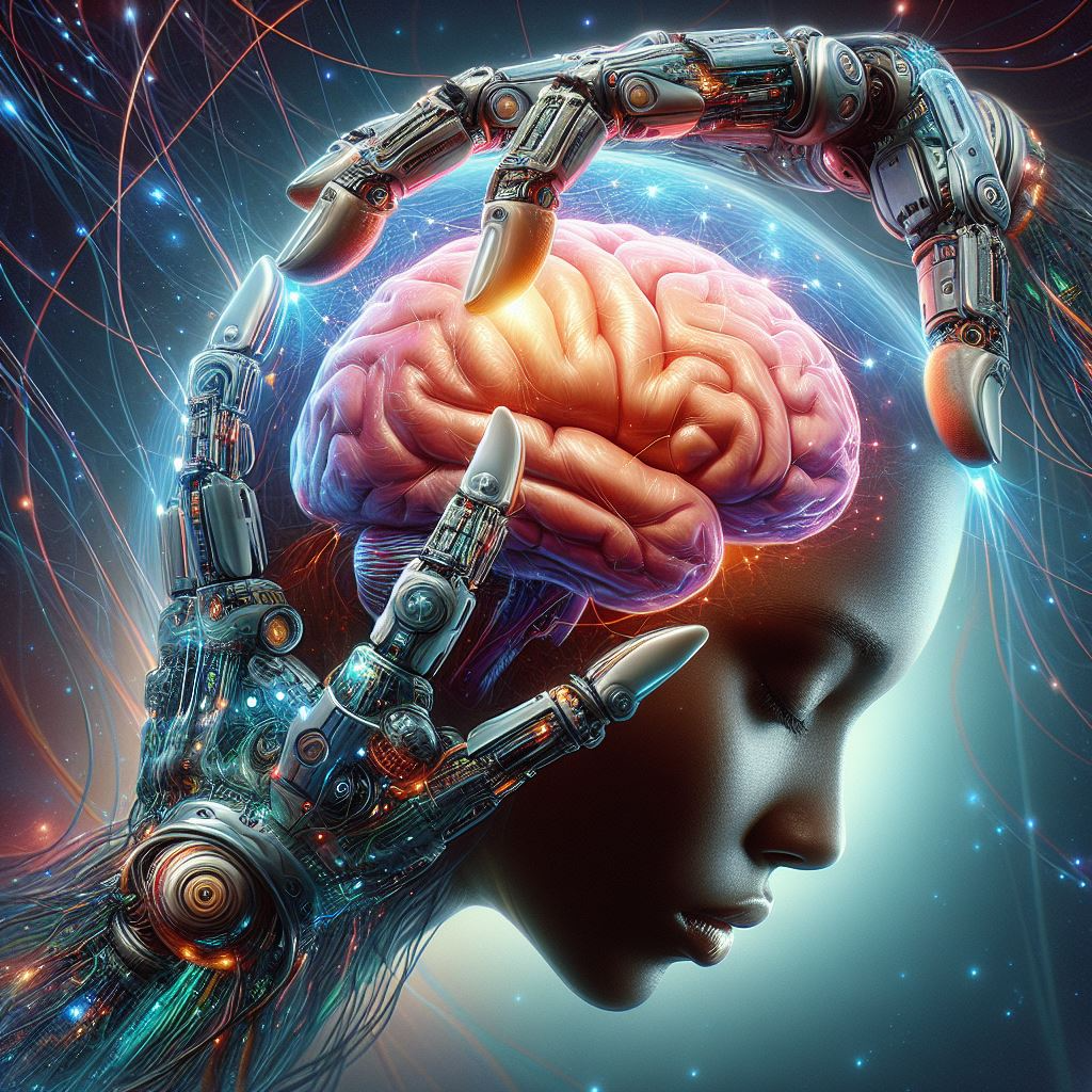 [prompt]Изображение робота, в руках мозг.