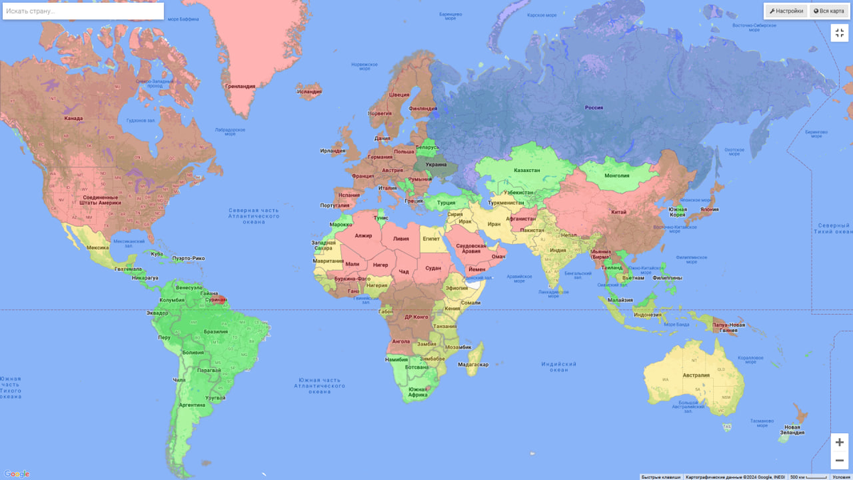 Фиолетовым цветом показана ваша домашняя страна
Зеленым цветом показаны страны, въезд в которые является безвизовым
Желтым цветом показаны страны, в которые визу можно получить на границе или же через интернет без особых усилий
Красным цветом показаны страны, в которые визу необходимо оформлять заранее и процесс этот относительно трудоемкий
