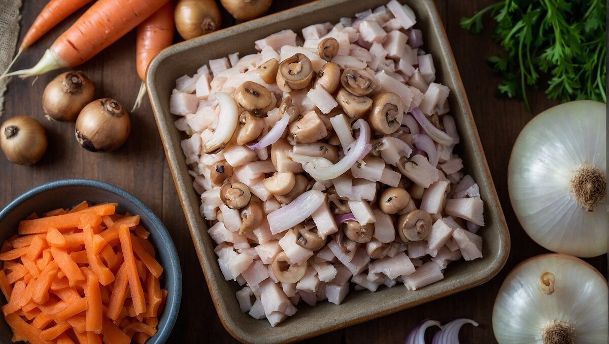 лук, морковь и шампиньоны