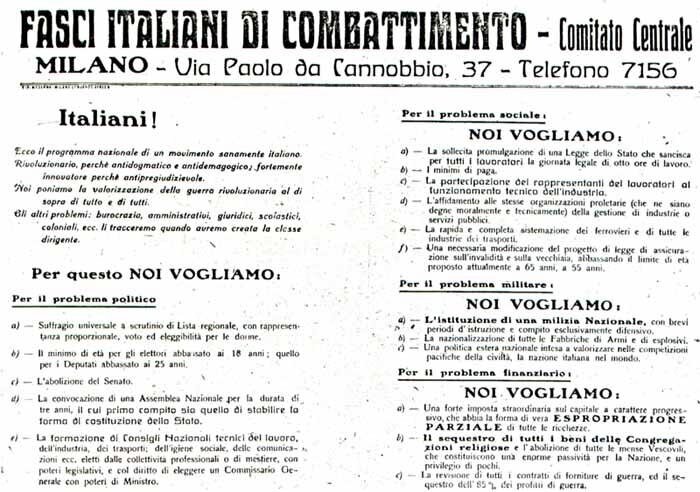 2 марта 1919 года газета Il Popolo d'Italia опубликовала заявление, в котором содержалась программа встречи на 23 марта 1919 года.