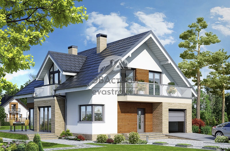 Проект дома 206 м2 с мансардой, гаражом, кабинетом и балконом из керамических блоков - 104-52