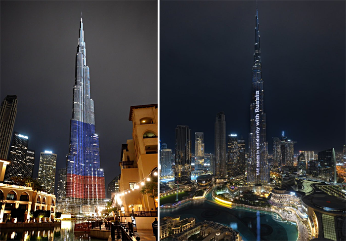 Подсветку на Бурдж-Халифа меняет надпись «ОАЭ солидарны с Россией» / Фото: агентство WAM