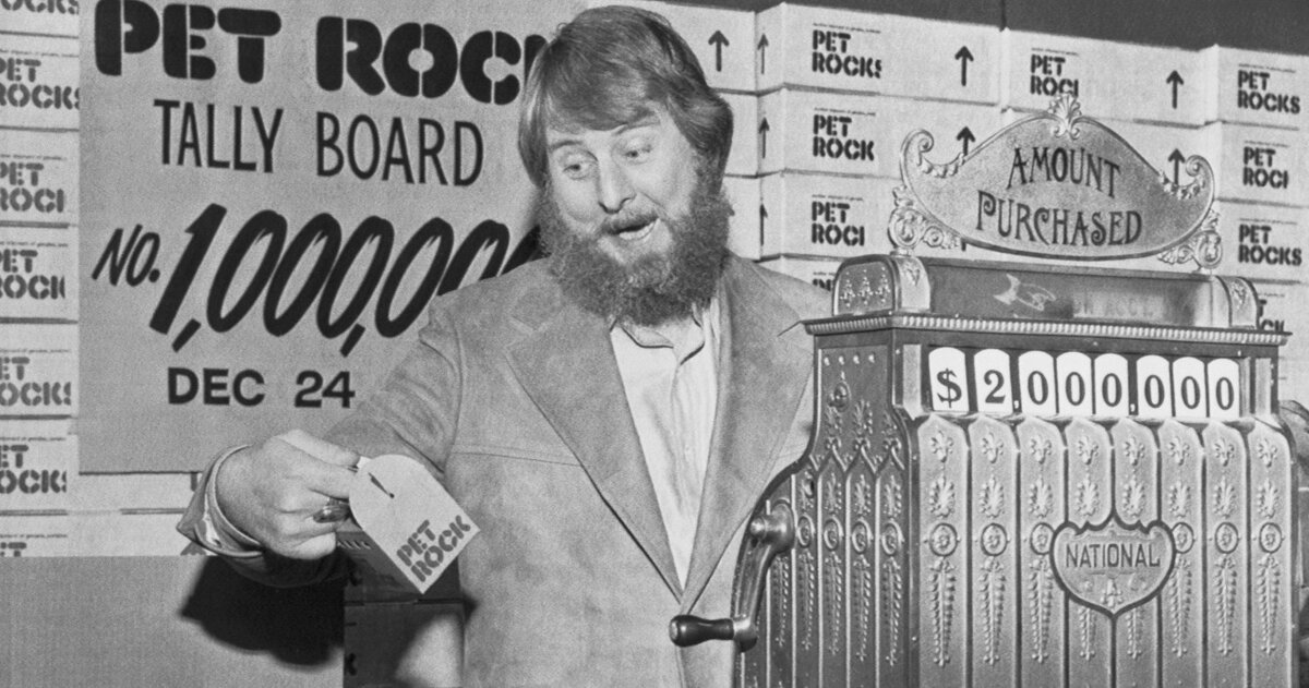 В 1975 году американский предприниматель Гэри Росс Дал стал продавать через магазины сувениров камни в картонных коробочках. Внутри коробочки помимо самого необработанного камня находилась солома.