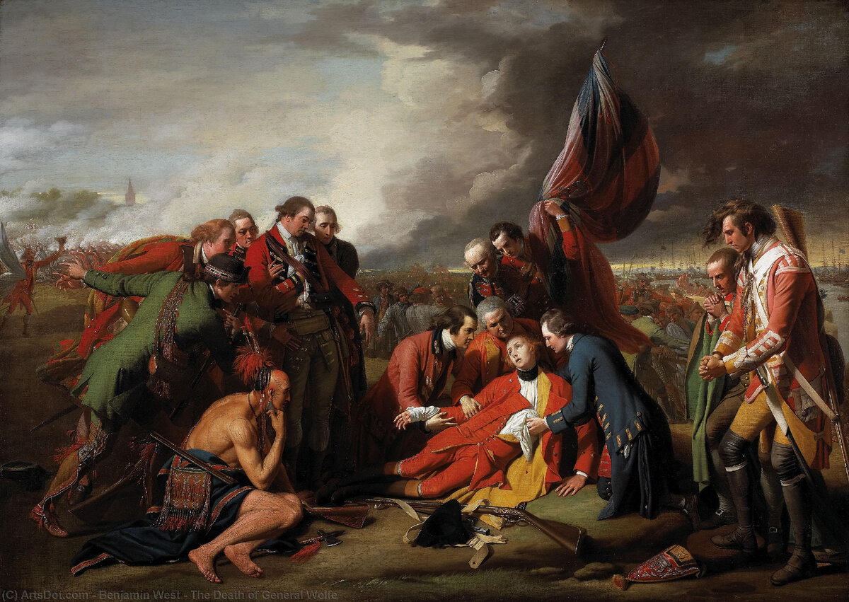 Гибель генерала Вульфа (1759). В обсуждении целесообразности присоединения Канады одним из веских аргументов был моральный: за нее кровью заплатил британский национальный герой генерал Вульф. Картина Бенджамина Веста. Говорят, это был любимый сюжет адмирала Нельсона, который тот рисовал долгими одинокими вечерами в своей каюте