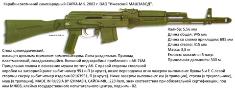 Какие характеристики у карабина Сайга? Технические характеристики карабина Сайга
Длина ствола: 330 — 680 мм
Калибр: .410, 20, 12, 5,45х39, .223Rem, .308Win, 7,62х39, 9х19 «Парабеллум», 9×53R
Принцип действия: самозарядный, перезарядка за счет отвода части пороховых газов
Магазин: съемный, коробчатый на 2-10 патронов
Длина: 840 — 1170 мм
Масса: 3,2 — 3,6 кг
Производитель: «Ижевский машиностроительный завод» (АО «Концерн Калашников»)