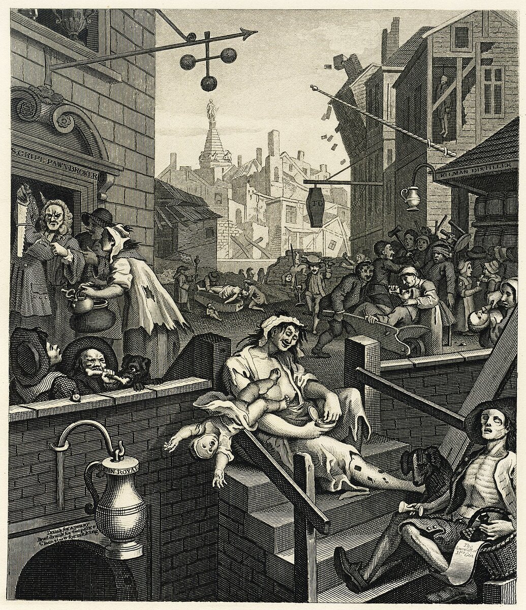 William Hogarth: “Gin Lane”, пер. «Переулок, где продают джин».