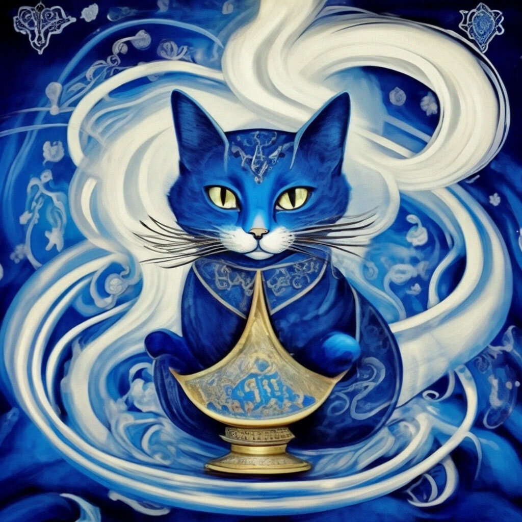 нарисуй кота-джина появляющего в вихре синего дыма из старой лампы Алладина 

восточные сказки, линии, вихрь, каракули, белый фон, штриховка, фактура шерсти