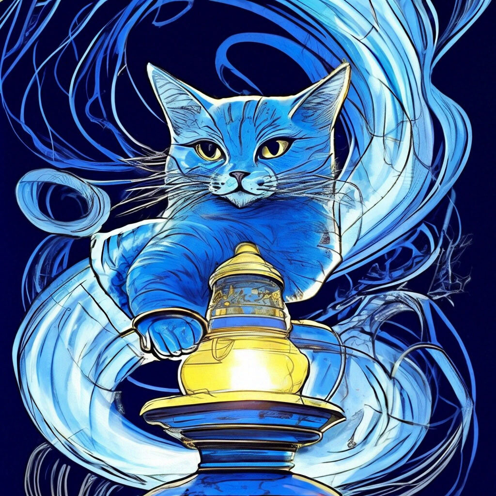 нарисуй кота-джина появляющего в вихре синего дыма из старой масляной лампы Алладина 

восточные сказки, линии, вихрь, каракули, белый фон, штриховка, фактура шерсти