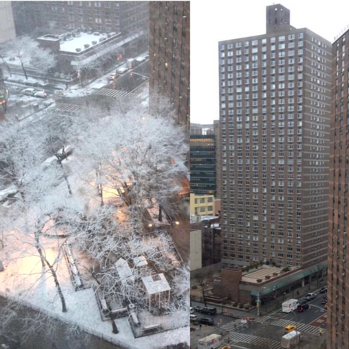 Запись под одной из этих фотографий из другой социальной сети. «Доброе пасмурное утро! Среда Нью-Йорк и чашечка кофе с видом из моего отеля Courtyard Marriott. Верхний Истсайд.»