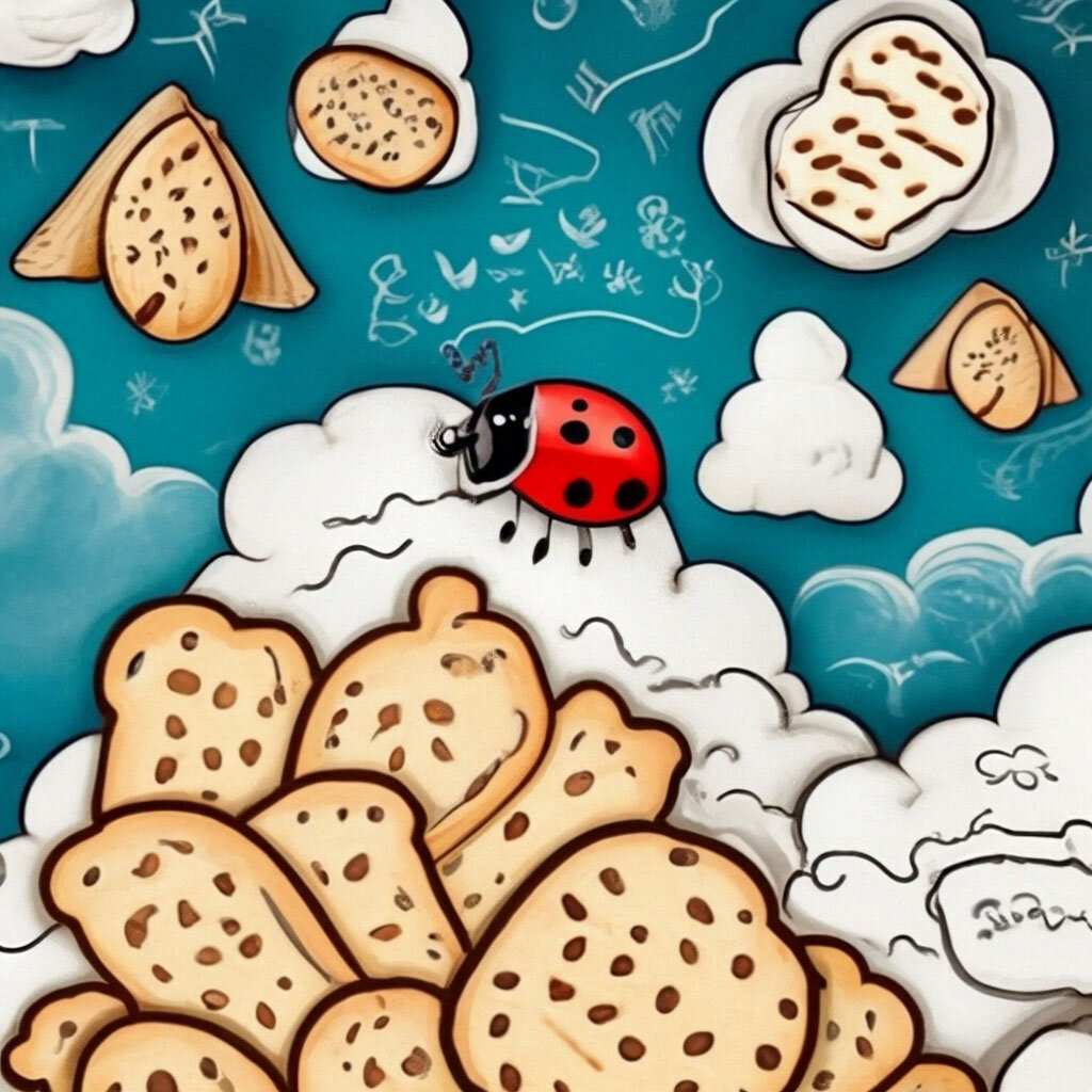 божья коровка улети на небо, принеси мне хлеба  
 рисунок одной тонкой непрерывной линией, на облаках лежит хлеб разных видов, каракули, белый фон