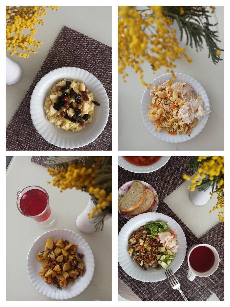 На фото мои постные обеды - пшенная каша с яблоком, черносливом, фундуком; макароны, тушёные с овощами, и котлета из кальмара; полба с овощами и грибами и квашеная капуста; картофель с овощами и кисель. 