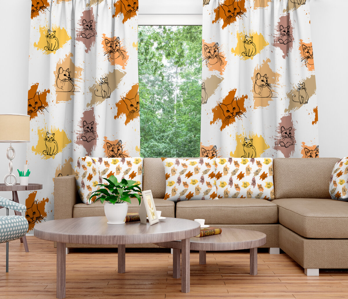 Паттерн "One Line" котики на шторах и на подушках