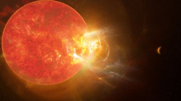     Художественное изображение мощной вспышки, исходящей от красного карлика — Проксимы Центавра. Такие вспышки могут уничтожить атмосферы близлежащих планет. Они также затрудняют спектроскопию атмосфер экзопланет.    
 Источник: NRAO / S. Dagnello.