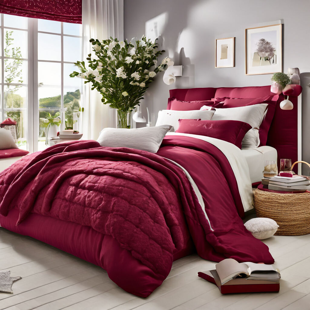Покрывало и изголовье кровати в насыщенном бордовом цвете