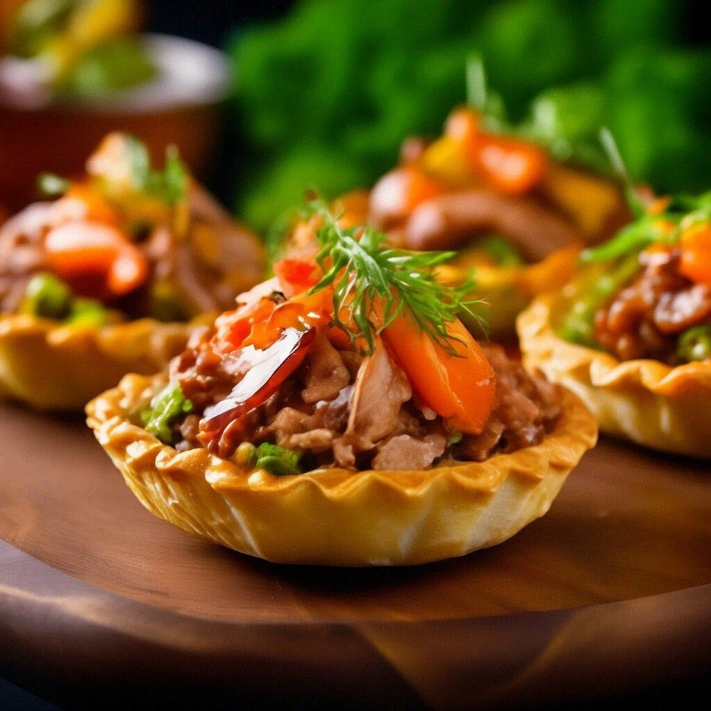 Тарталетки с мясом и овощами. 