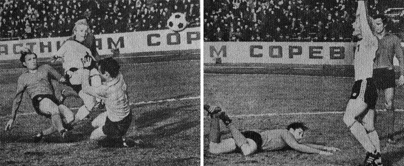 «Торпедо» - «Заря» (Ворошиловград) – 1:0. Пытаясь выбить мяч из-под ног торпедовца Владимир Сахарова (в белом) защитник «Зари» Александр Журавлёв поражает ворота собственной команды.