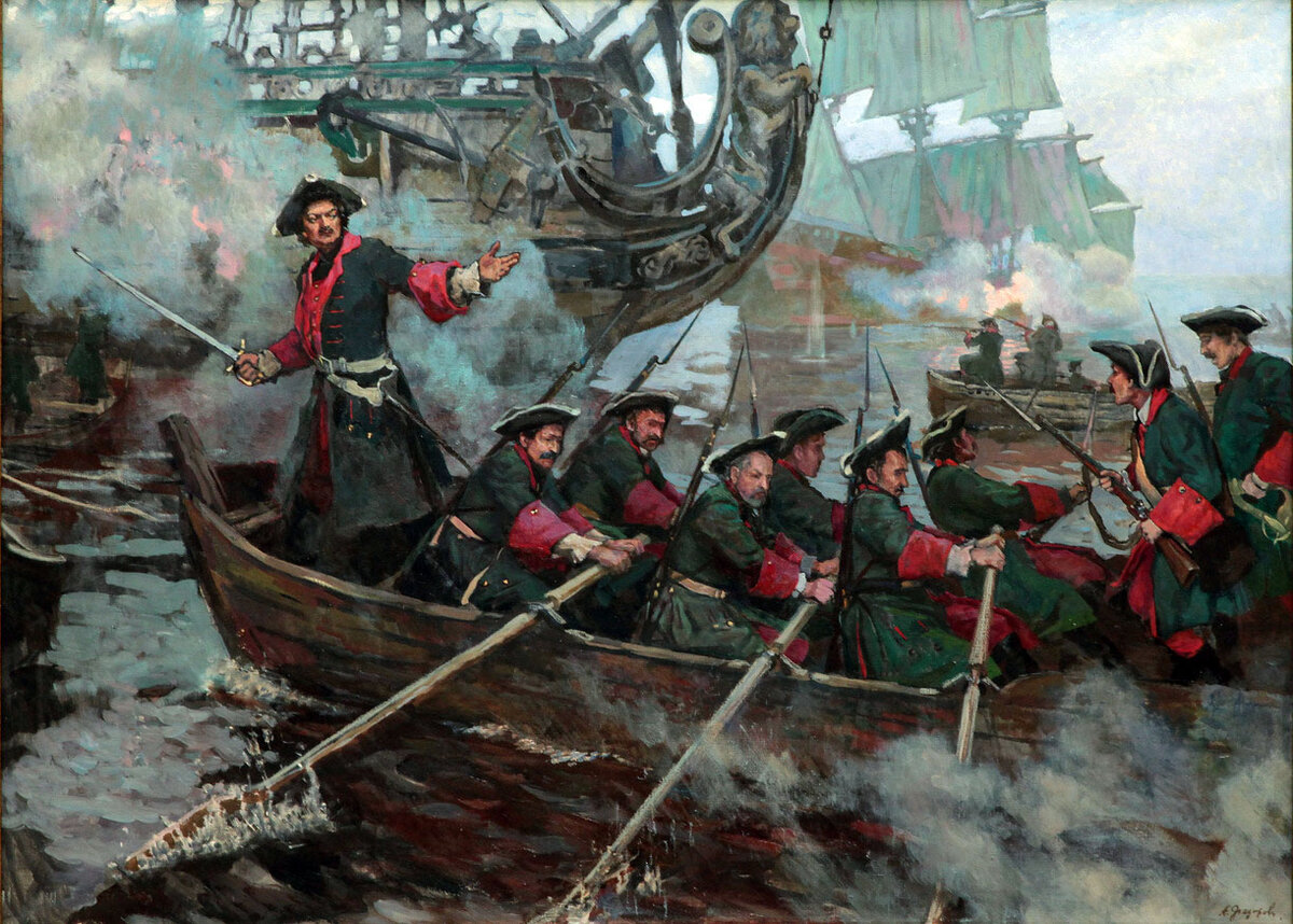 Русские лодки идут на абордаж шведских кораблей (худ. Печатин)