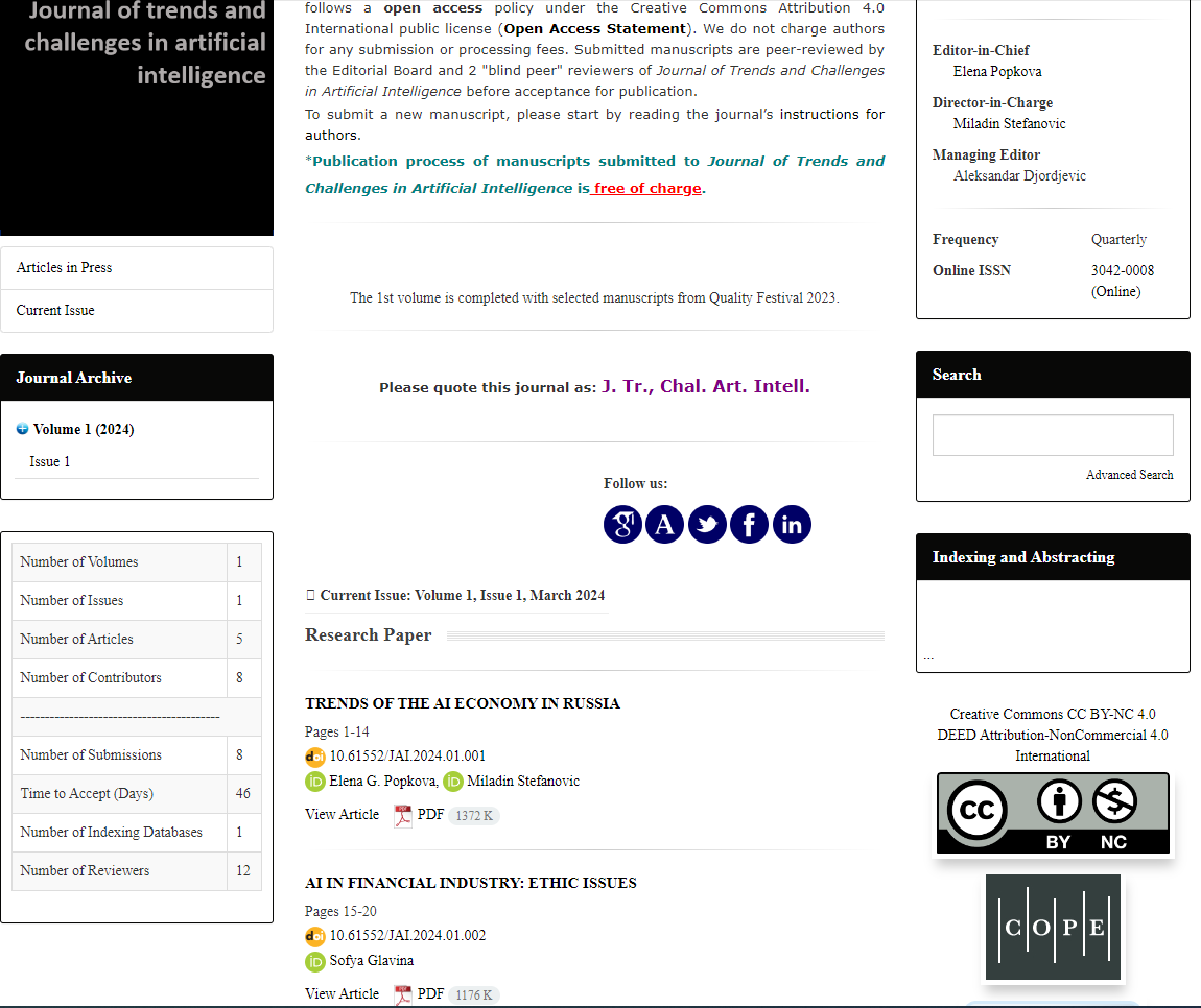 ИНК создал собственный международный научный журнал под названием “Journal of Trends and Challenges in Artificial Intelligence”. 