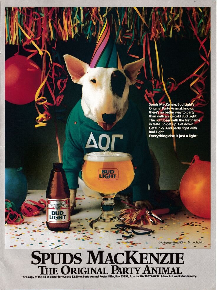 Спадс Маккензи, также известный как "The Original Party Animal", - вымышленный собачий персонаж, использовавшийся в обширной рекламной кампании по продвижению пива Bud Light в конце 1980-х годов.-2