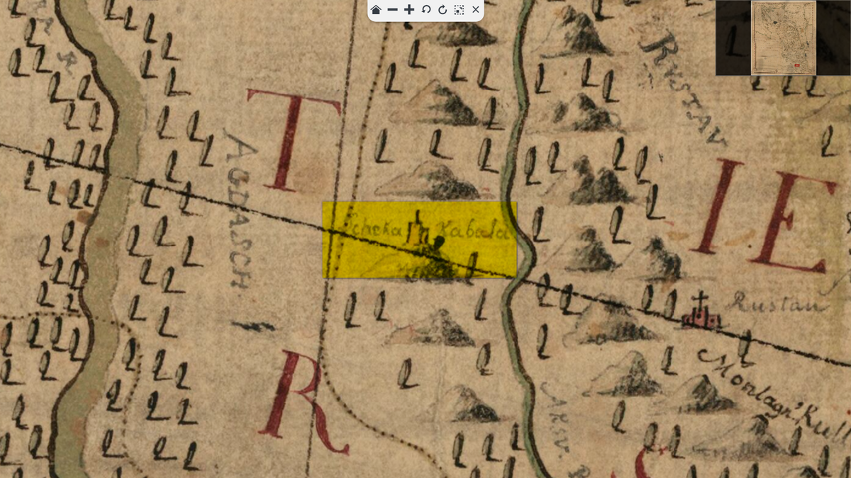 На фото (фрагмент): Шеки/Кабала // Carte générale des païs renfermés entre la Mer Noire, celle d’Azof et la mer Caspienne…, 1766.