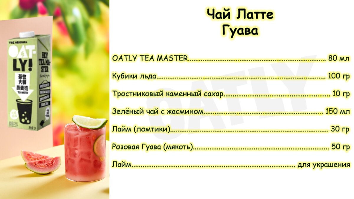 Список ингредиентов для Айс Ти Латте на овсяном молоке Oatly Tea Master "Гуава"