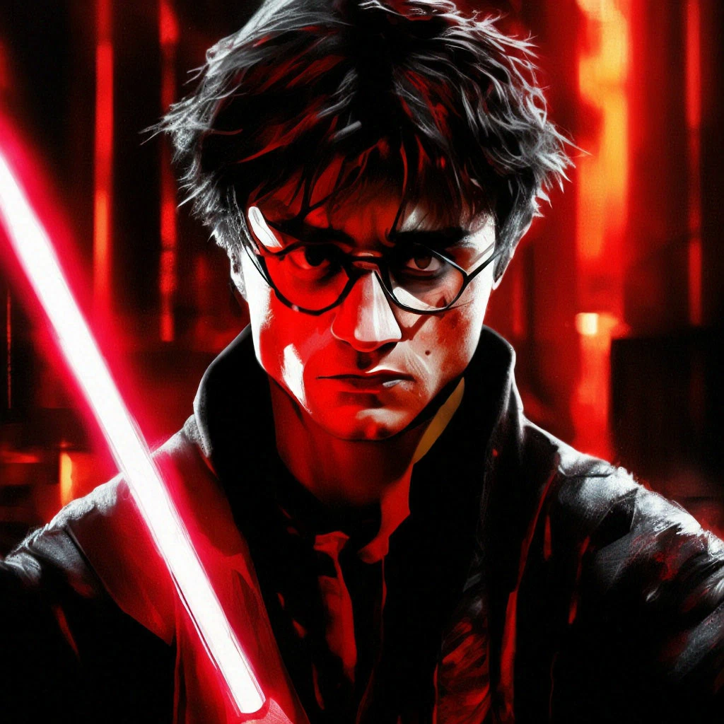 Промт: "Гарри Поттер - ситх, в правой руке находится красный световой меч, на лице татуировки ситхов, фантастика". Больше тут - shedevrum.ai/@ai_view_world