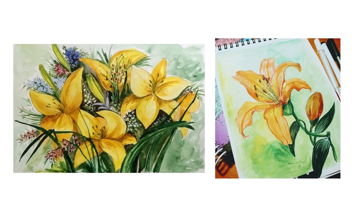 Желтые лилии, акварель