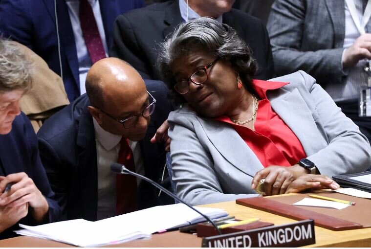 Представитель США в ООН Линда Томас-Гринфилд беседует с заместителем представителя США по специальным политическим вопросам в ООН Робертом Вудом 
Фото: Andrew Kelly, Reuters