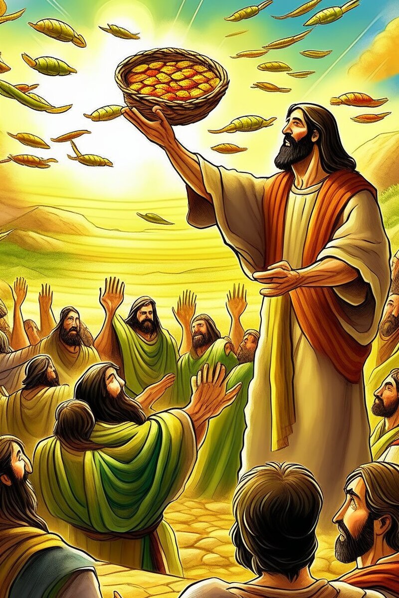 Тогда Иисус взял пять хлебов и две рыбины и, обратив Свой взор к небу, возблагодарил Бога за пищу, а потом разделил еду и стал передавать её ученикам, сказав, чтобы те раздавали народу