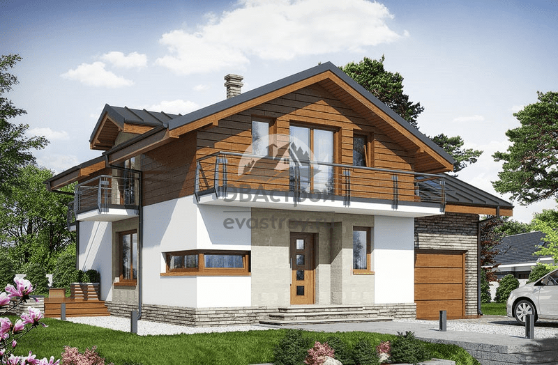 Проект дома 170 м2 с мансардой, балконом и гаражом из пеноблоков - 104-68