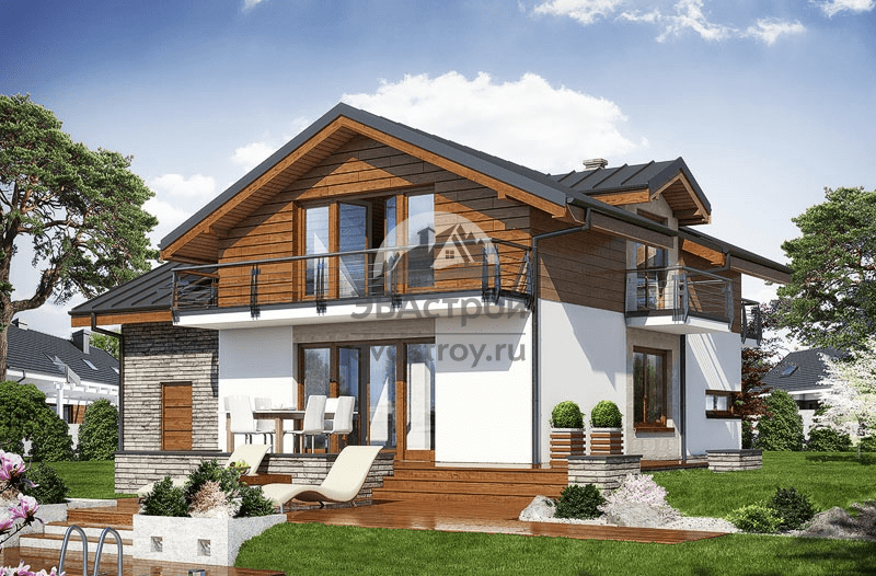 Проект дома 170 м2 с мансардой, балконом и гаражом из пеноблоков - 104-68