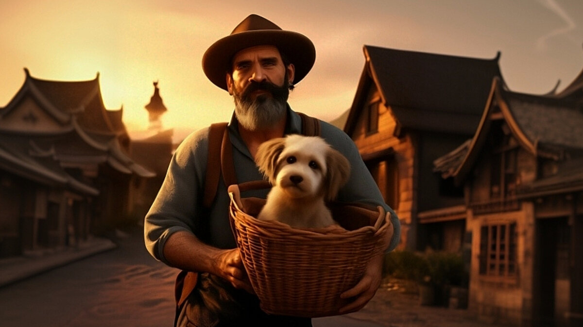 Хозяин несёт корзину с щенком.