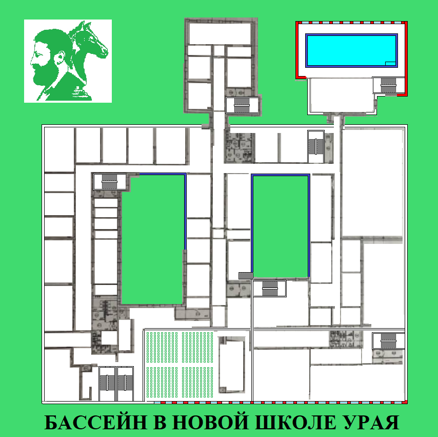 Проект Новой школы в Урае. Ванна бассейна выделена голубым цветом.