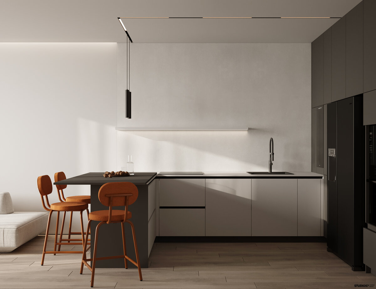 Кухонный гарнитур, создающий контраст совмещенного пространства кухни-гостиной 