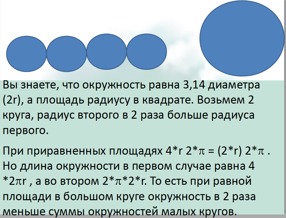 Маленьких кругов берем 4, а большой один, площади равны. А вот периметры нет.