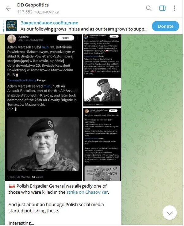    Внезапно скончавшийся польский генерал Адам Марчак делился опытом с ВСУ, но недолго