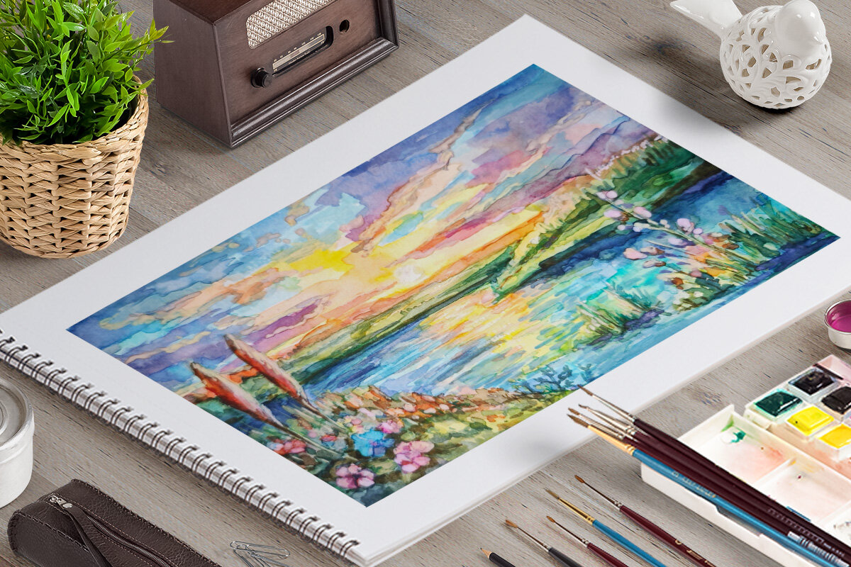 Живописный закат на берегу озера, акварель и акварельные маркеры.