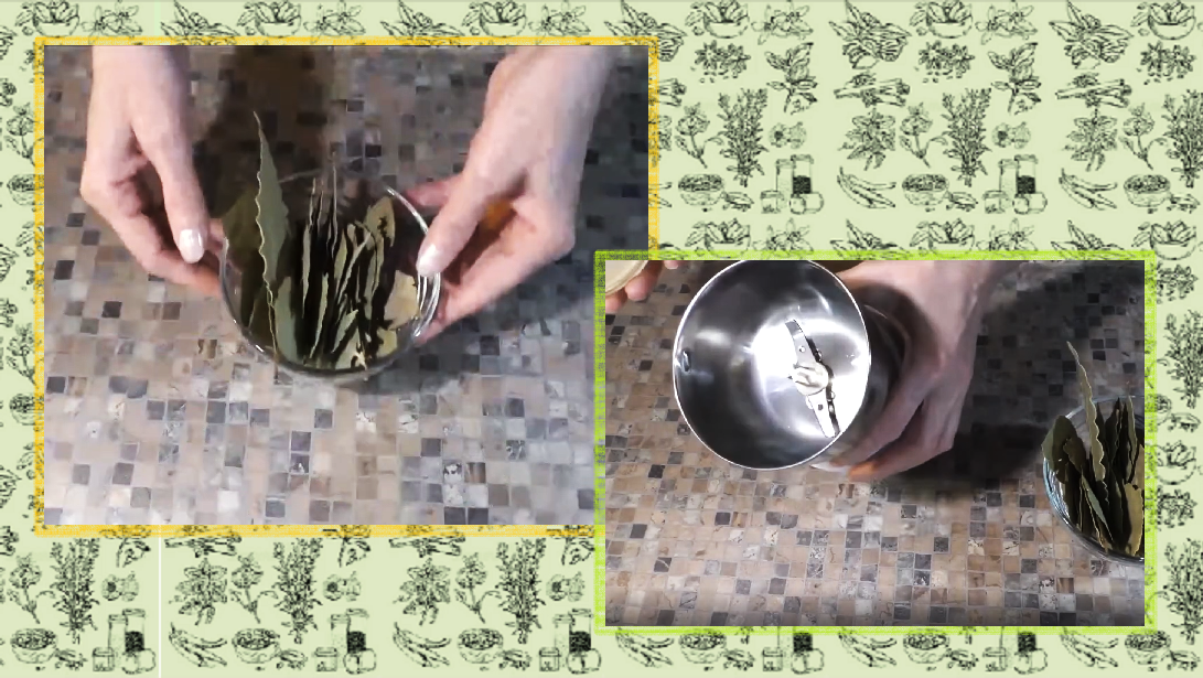 На фото: Подготовленный для измельчения лавровый лист весом 10 гр. и электро-кофемолка.