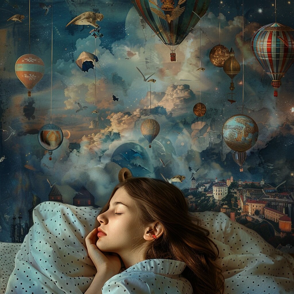 Хочу сегодня поделиться красивыми фотоколлажами, которые сделала нейросеть Mj на запрос о спящей девушке и ее снах. 