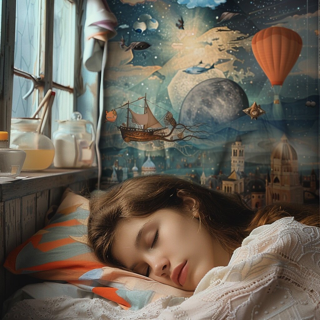 Хочу сегодня поделиться красивыми фотоколлажами, которые сделала нейросеть Mj на запрос о спящей девушке и ее снах. -2