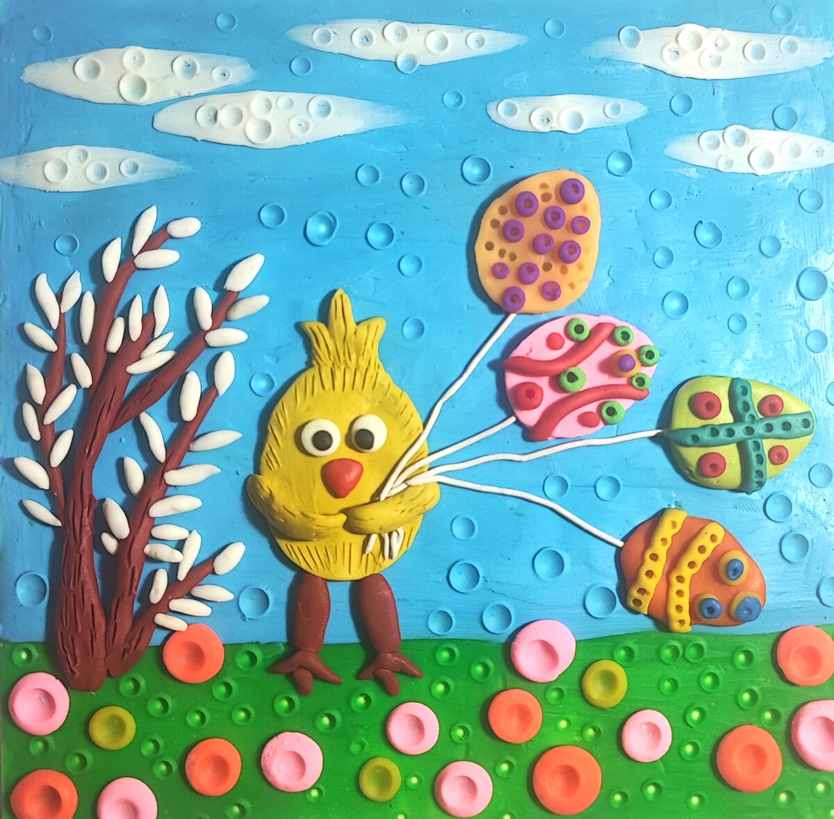 Готовый вариант аппликации из пластилина на картоне " Пасха" на канале Лепим с Таней.