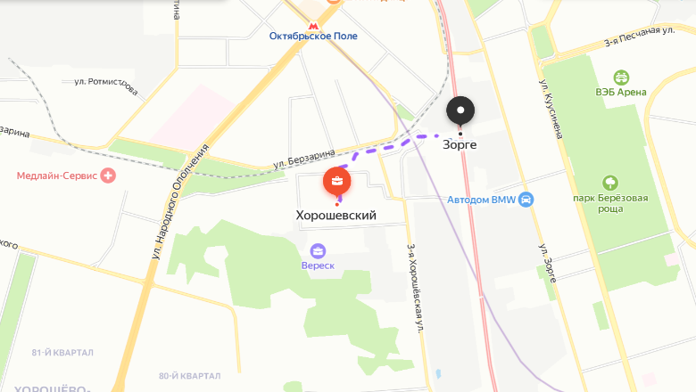 Ближайшая станция метро на карте рядом с ЖК «Хорошевский»