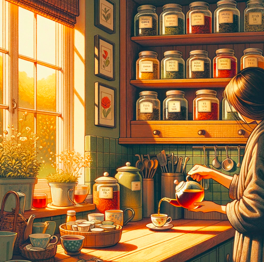 Уютный чайный ритуал на кухне: Иллюстрация изображает теплую, светлую кухонную сцену, где человек наливает свежезаваренный чай в изящную керамическую чашку. На полках расставлены различные банки с чаем, каждая из которых маркирована названием своего сорта: черный, зеленый, красный, травяной. Окно на фоне открывает вид на мирный сад, дополняя атмосферу тихого чаепития. Эта картинка передает повседневную радость приготовления и наслаждения чашкой чая, делая этот процесс любимым ритуалом.