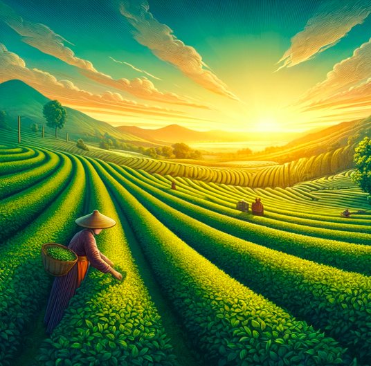 Чайная плантация на рассвете: Подробная и красочная иллюстрация чайной плантации на рассвете демонстрирует ряды пышных зеленых чайных кустов, простирающихся до горизонта под мягким утренним небом. Работники в традиционной одежде аккуратно собирают чайные листья, иллюстрируя заботу и традиции, вложенные в культивирование чая. Восходящее солнце на фоне озаряет всю сцену золотым светом, подчеркивая красоту и спокойствие чайных регионов.
