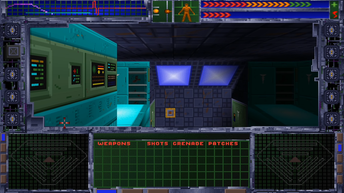 Оригинальный интерфейс. Наверху слева графические показатели здоровья и энергии, справа- более информативные шкалы тех же показателей. Посередине отображается положение героя в пространстве. Снизу посередине- панель инвентаря, в которой столбиком пишется доступное снаряжение (Оружие, Заряды, Гранаты, Пластыри). Позже добавляется ещё Софт. По бокам от него- дополнительные панели, которые вы можете настроить на свой вкус. Там может быть карта, журнал, выбранное оружие с патронами и тд.